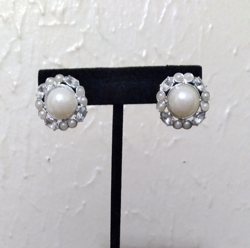Vintage pearl and diamond silver stud earrings
